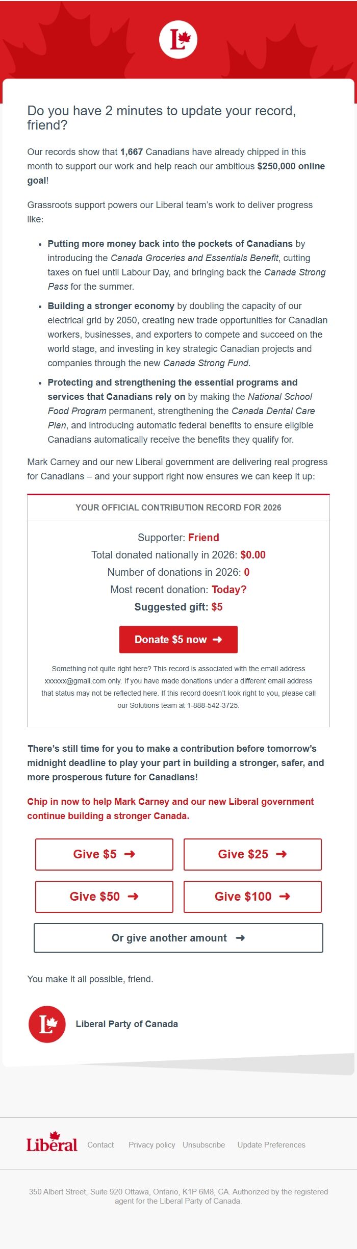 Screenshot of the email generated on import