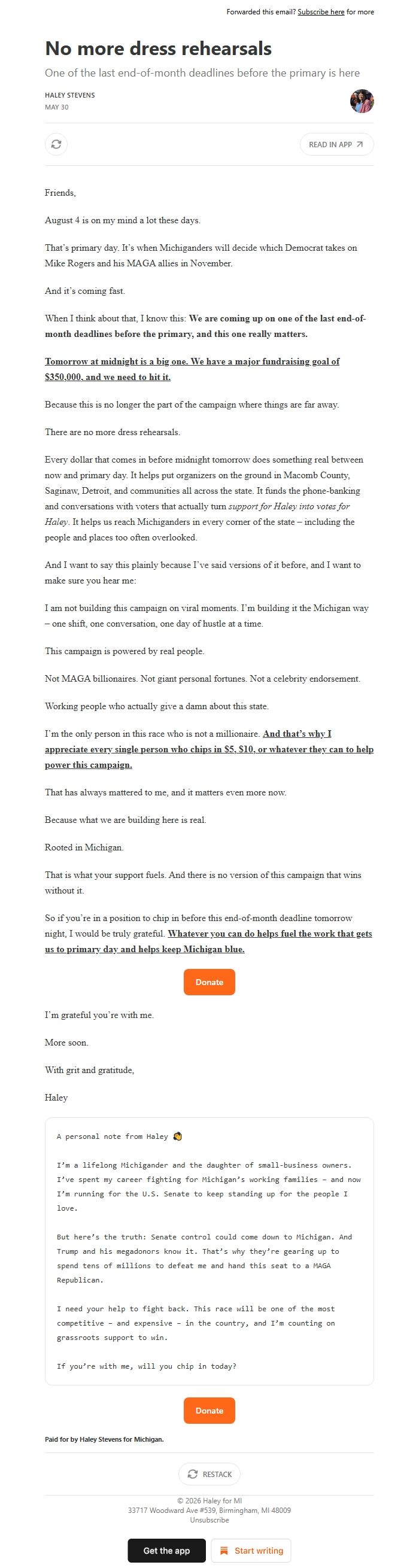 Screenshot of the email generated on import