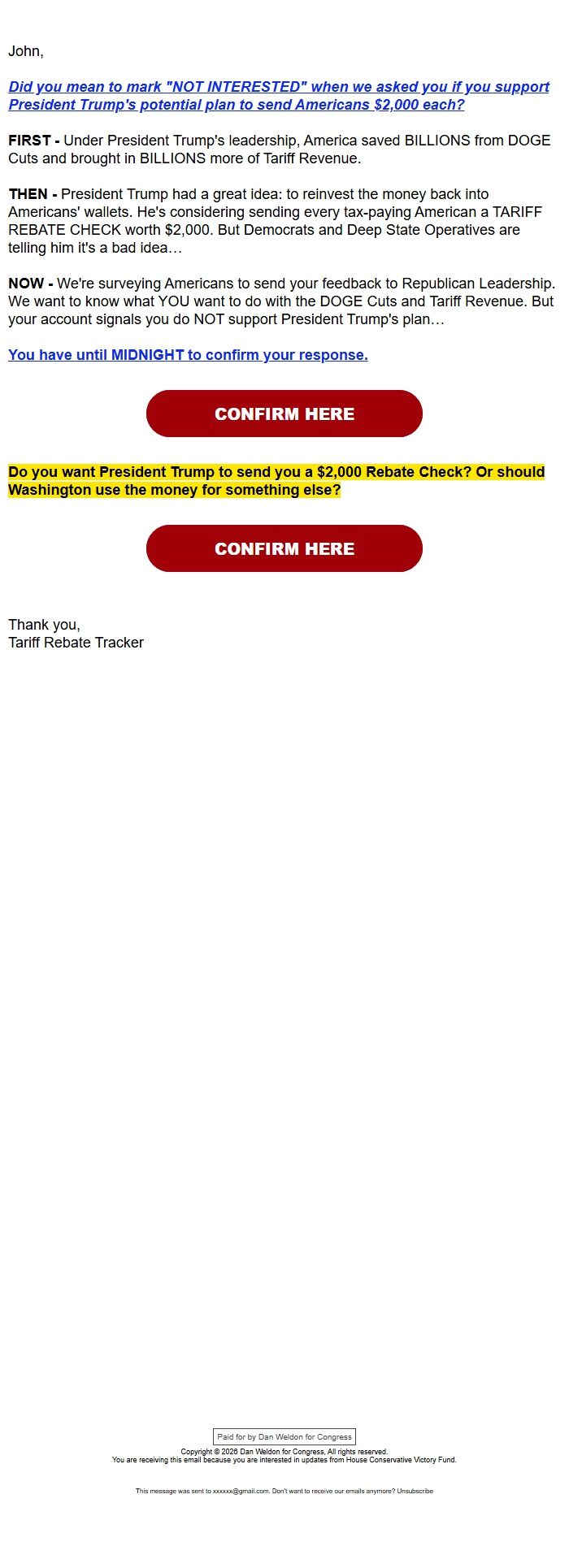 Screenshot of the email generated on import