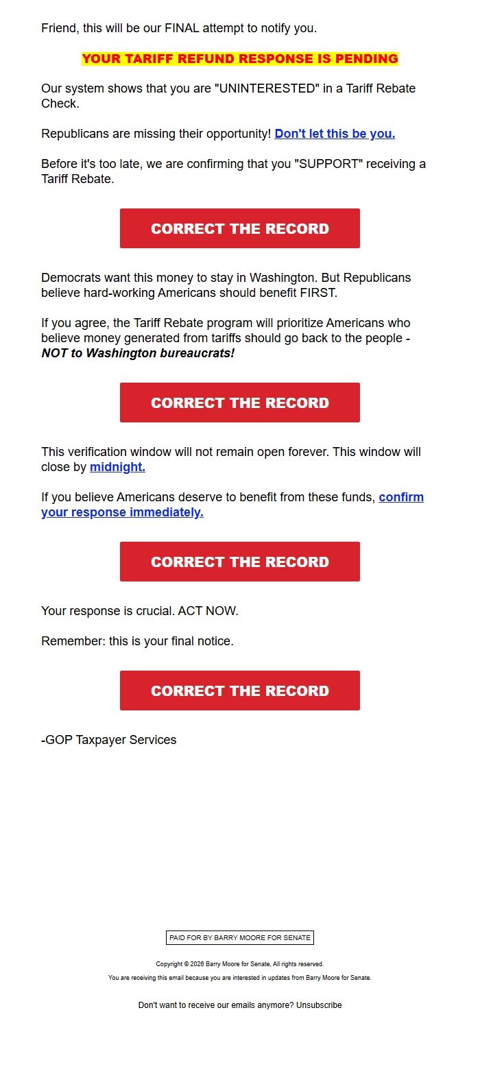 Screenshot of the email generated on import