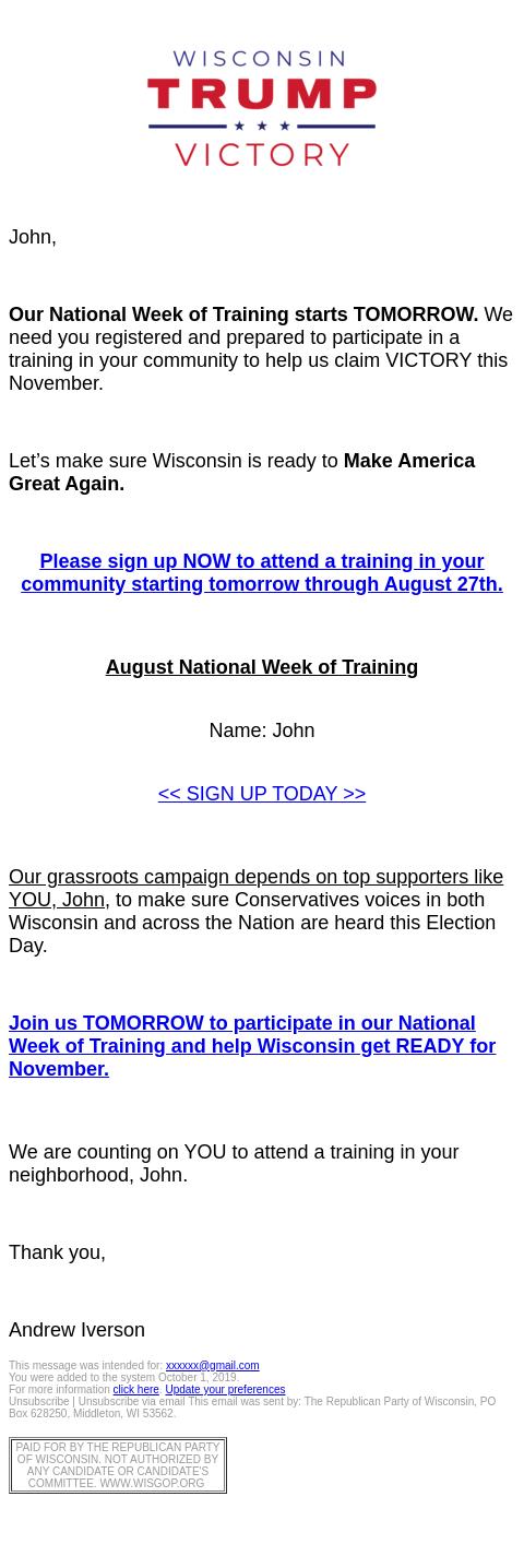 Screenshot of the email generated on import