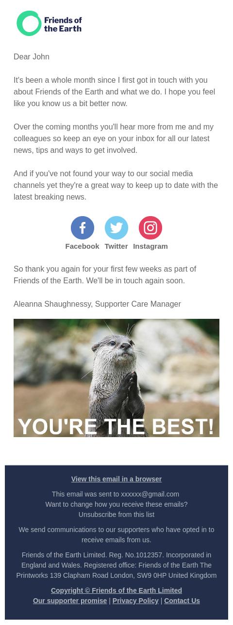 Screenshot of the email generated on import