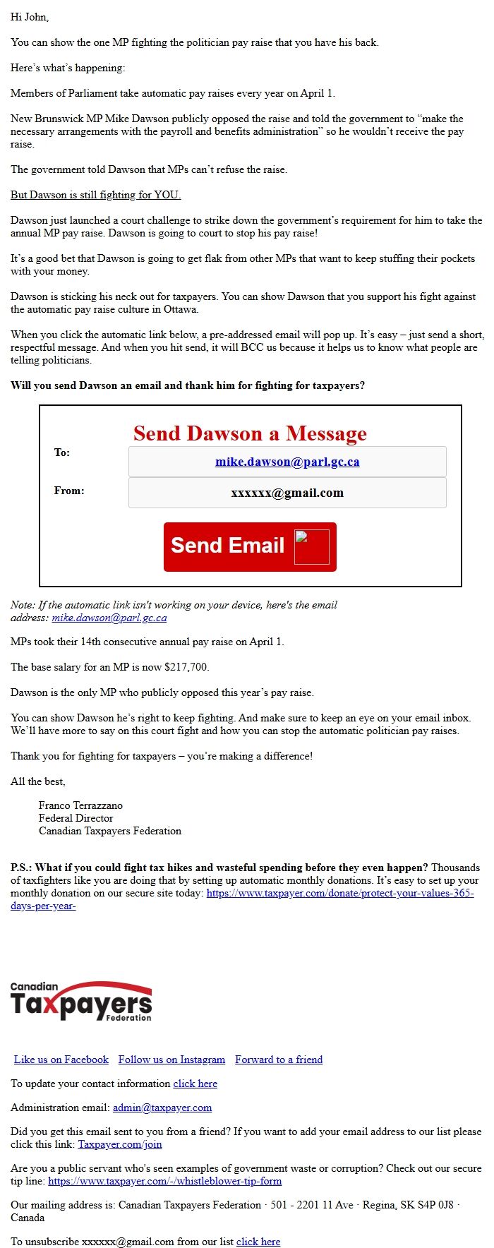 Screenshot of the email generated on import