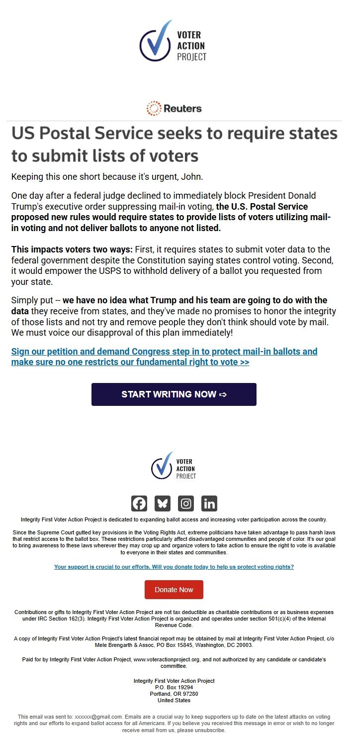Screenshot of the email generated on import