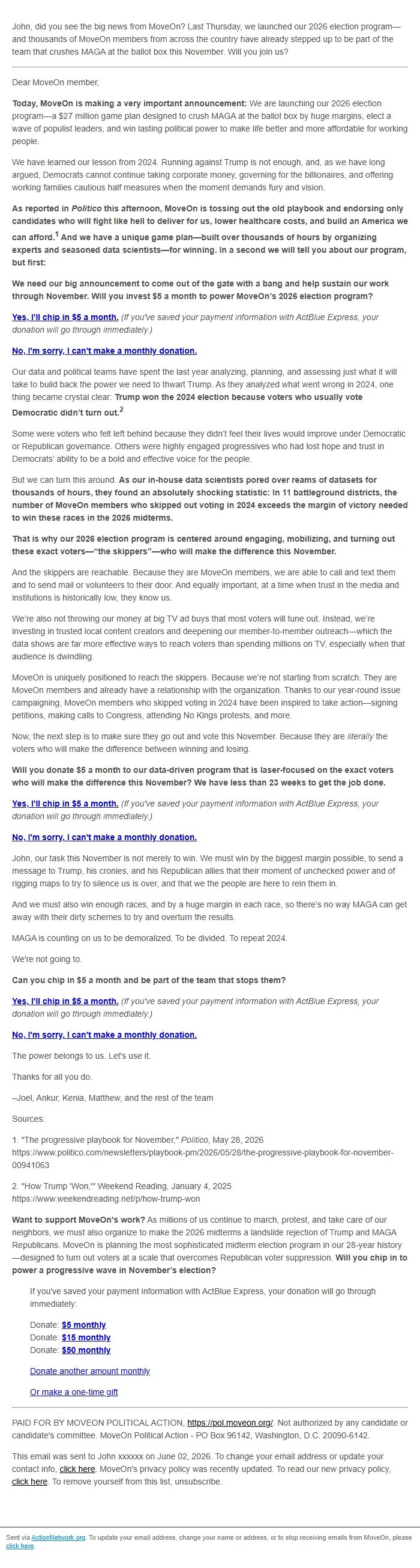 Screenshot of the email generated on import