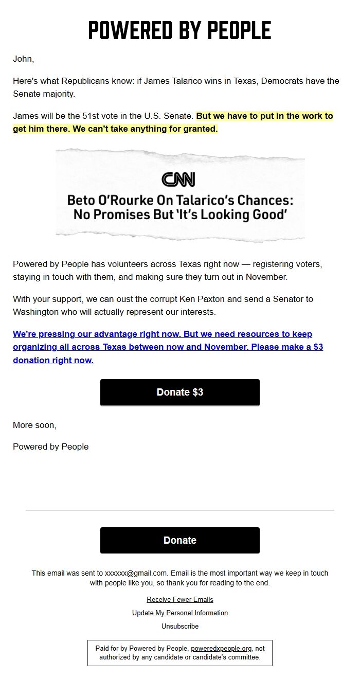 Screenshot of the email generated on import