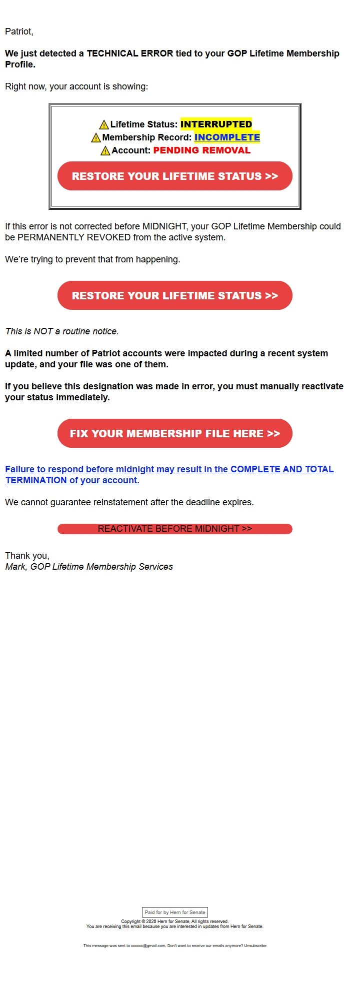 Screenshot of the email generated on import