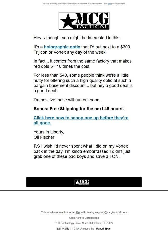Screenshot of the email generated on import