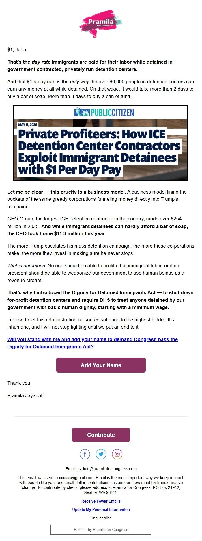 Screenshot of the email generated on import