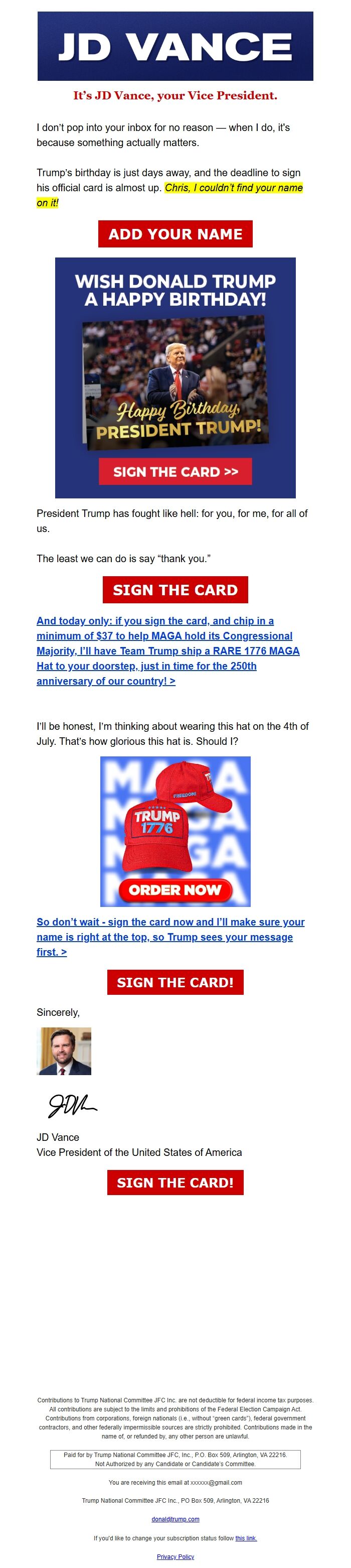 Screenshot of the email generated on import