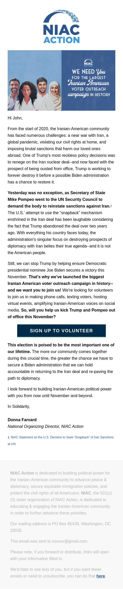 Screenshot of the email generated on import