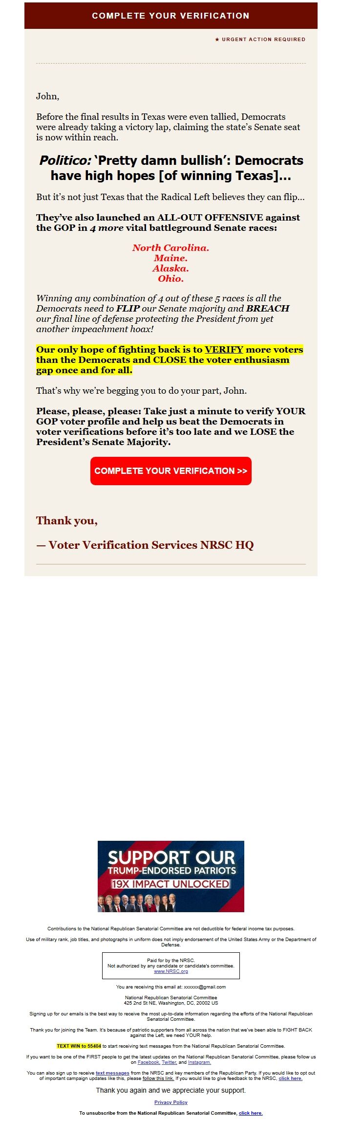 Screenshot of the email generated on import