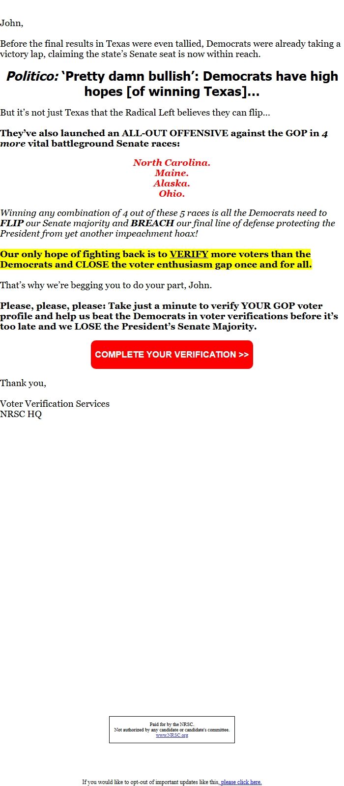 Screenshot of the email generated on import
