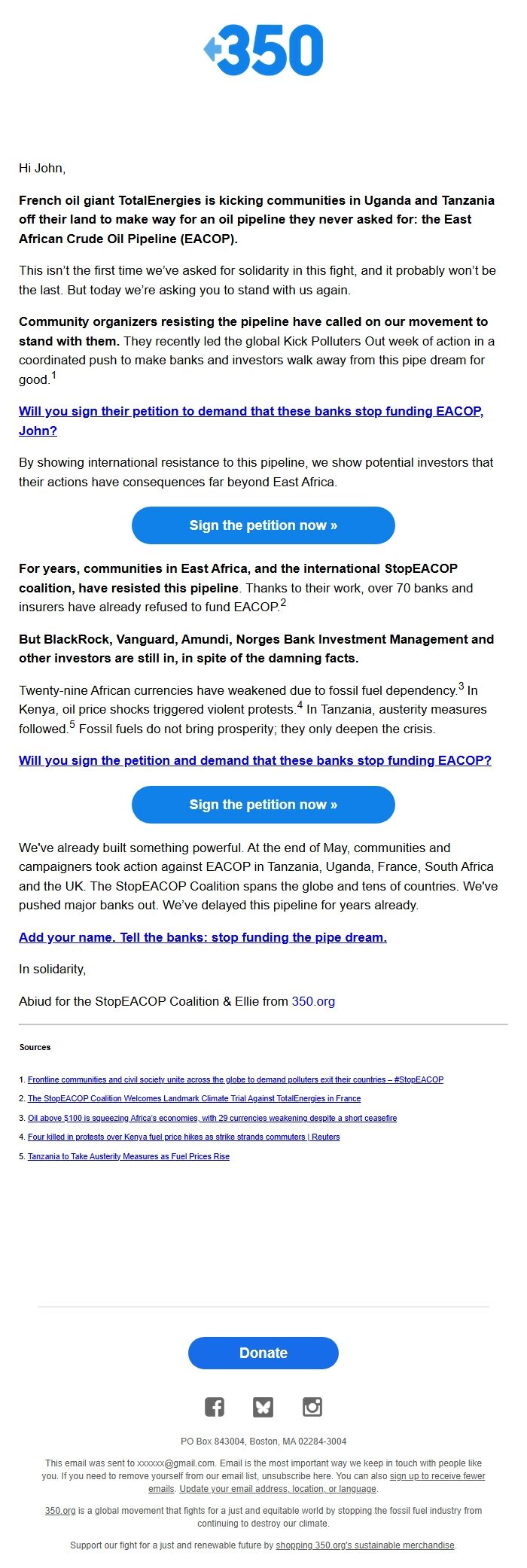 Screenshot of the email generated on import