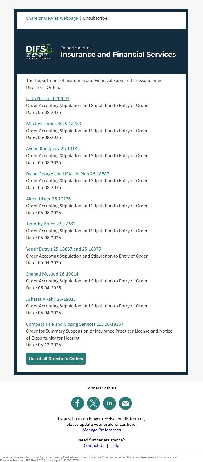 Screenshot of the email generated on import