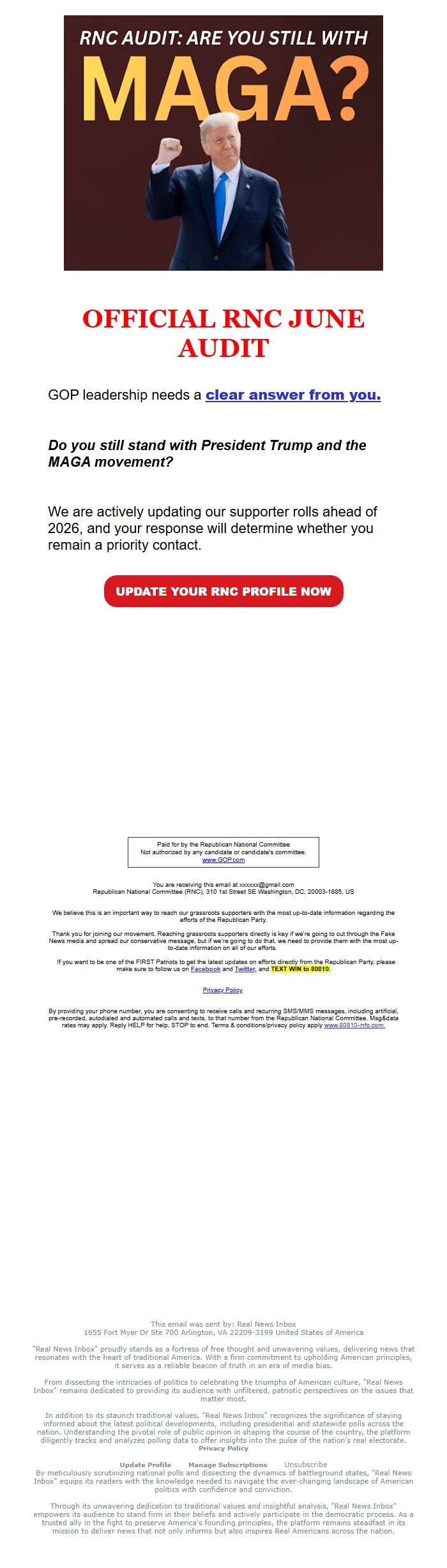 Screenshot of the email generated on import