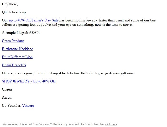 Screenshot of the email generated on import