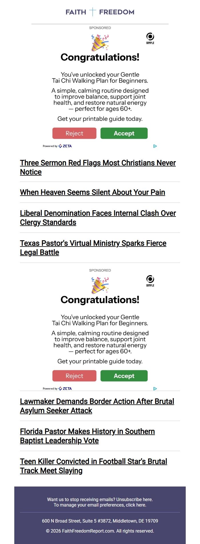 Screenshot of the email generated on import