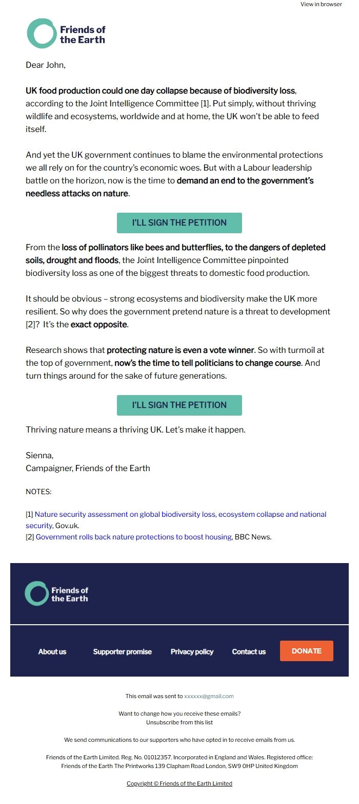 Screenshot of the email generated on import