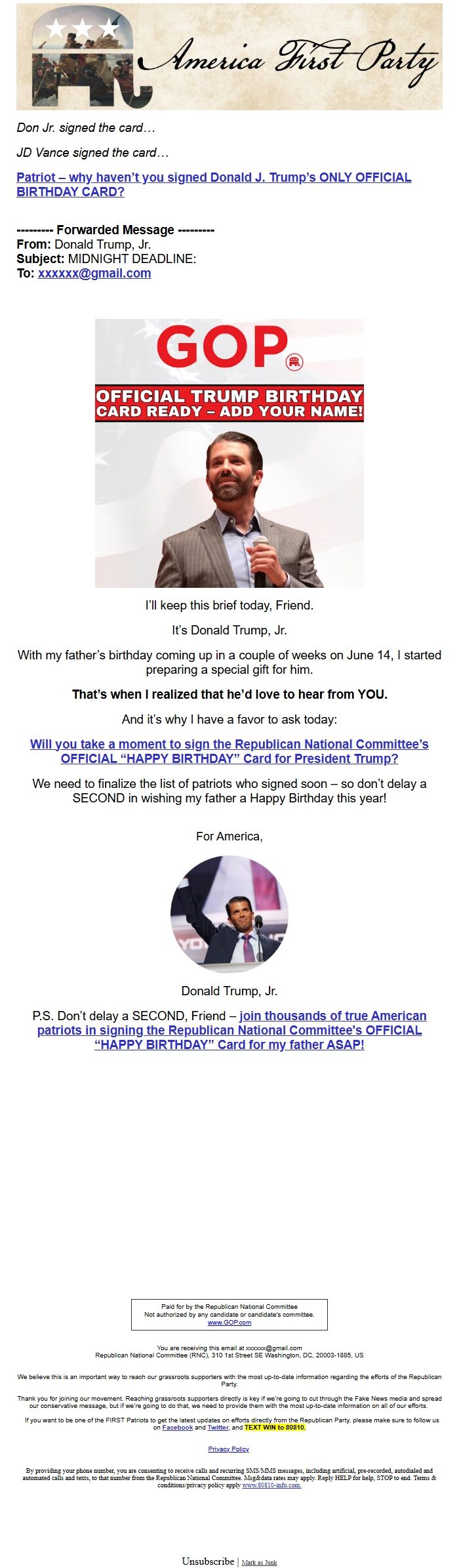 Screenshot of the email generated on import
