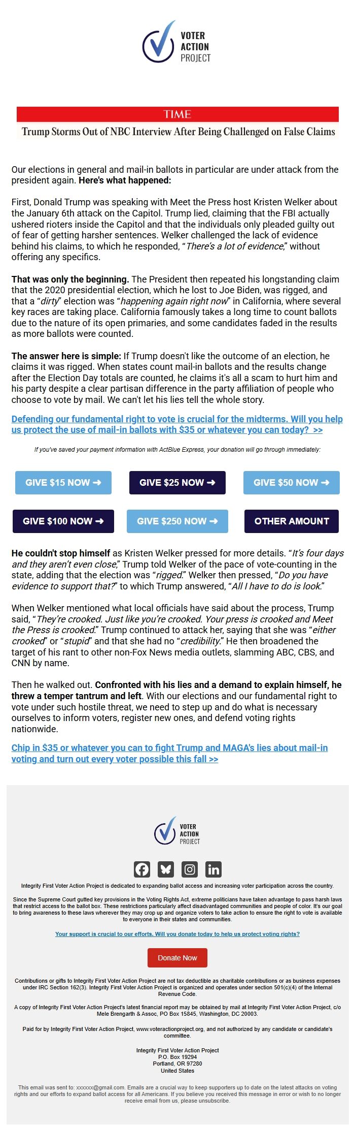 Screenshot of the email generated on import