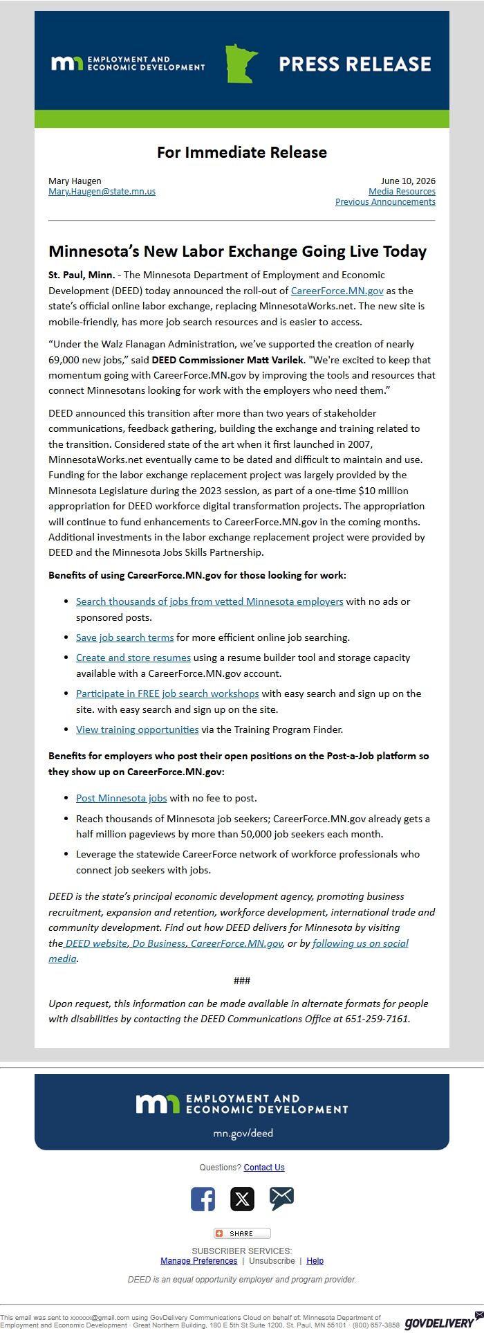 Screenshot of the email generated on import