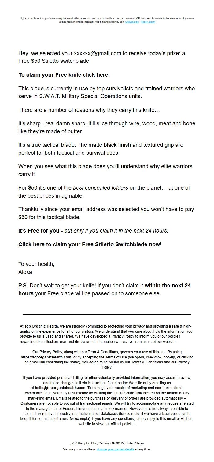 Screenshot of the email generated on import