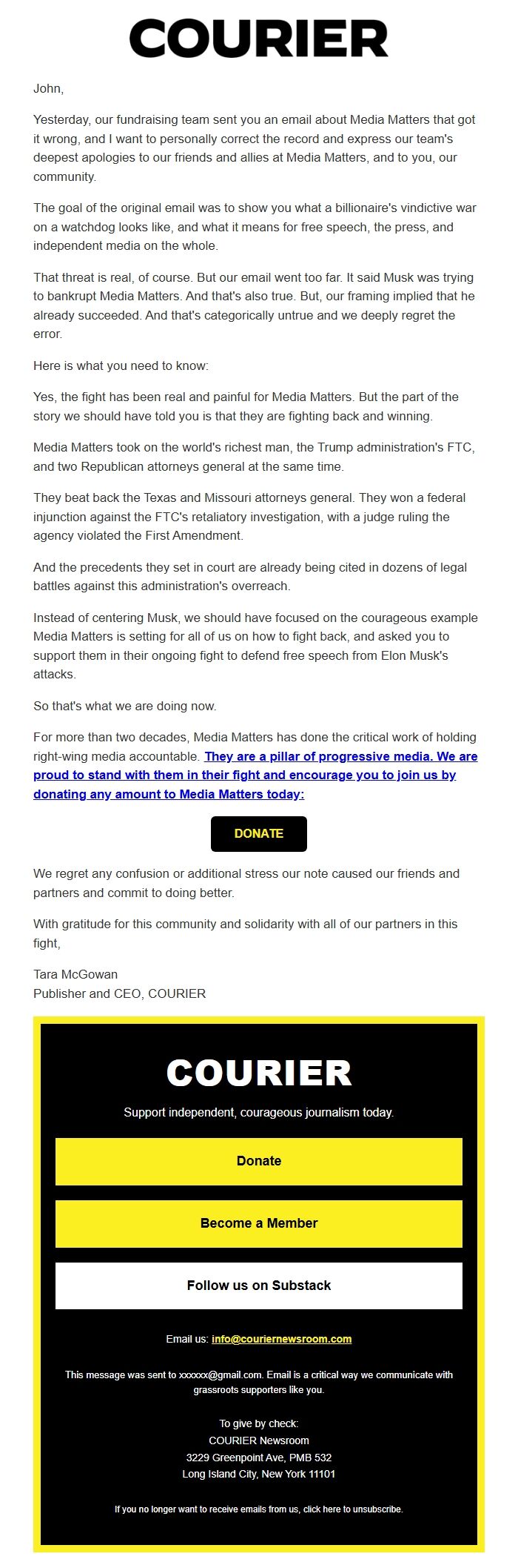 Screenshot of the email generated on import