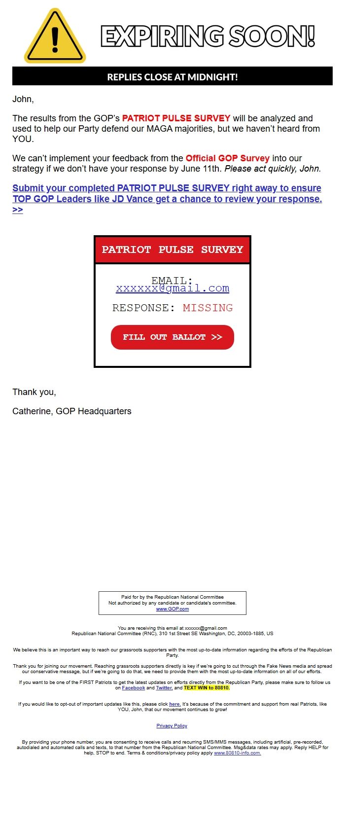 Screenshot of the email generated on import