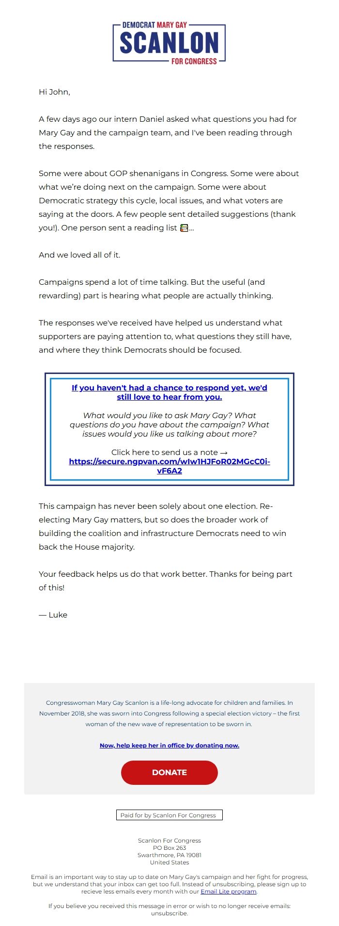 Screenshot of the email generated on import