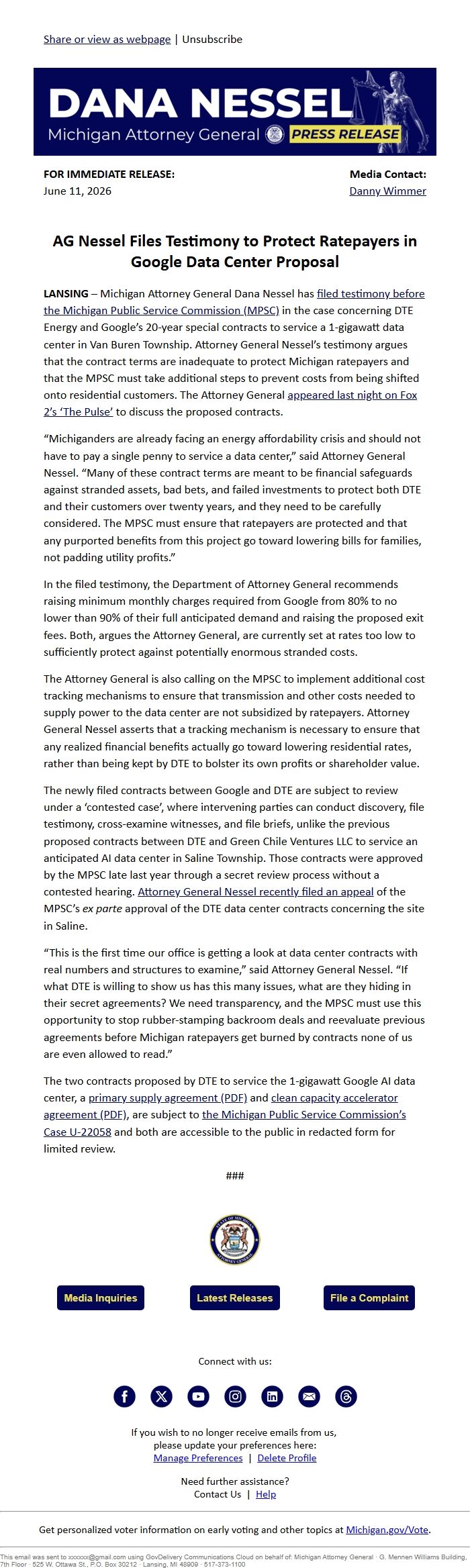 Screenshot of the email generated on import