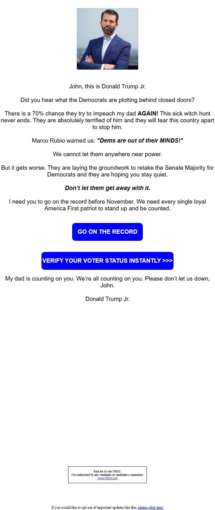 Screenshot of the email generated on import