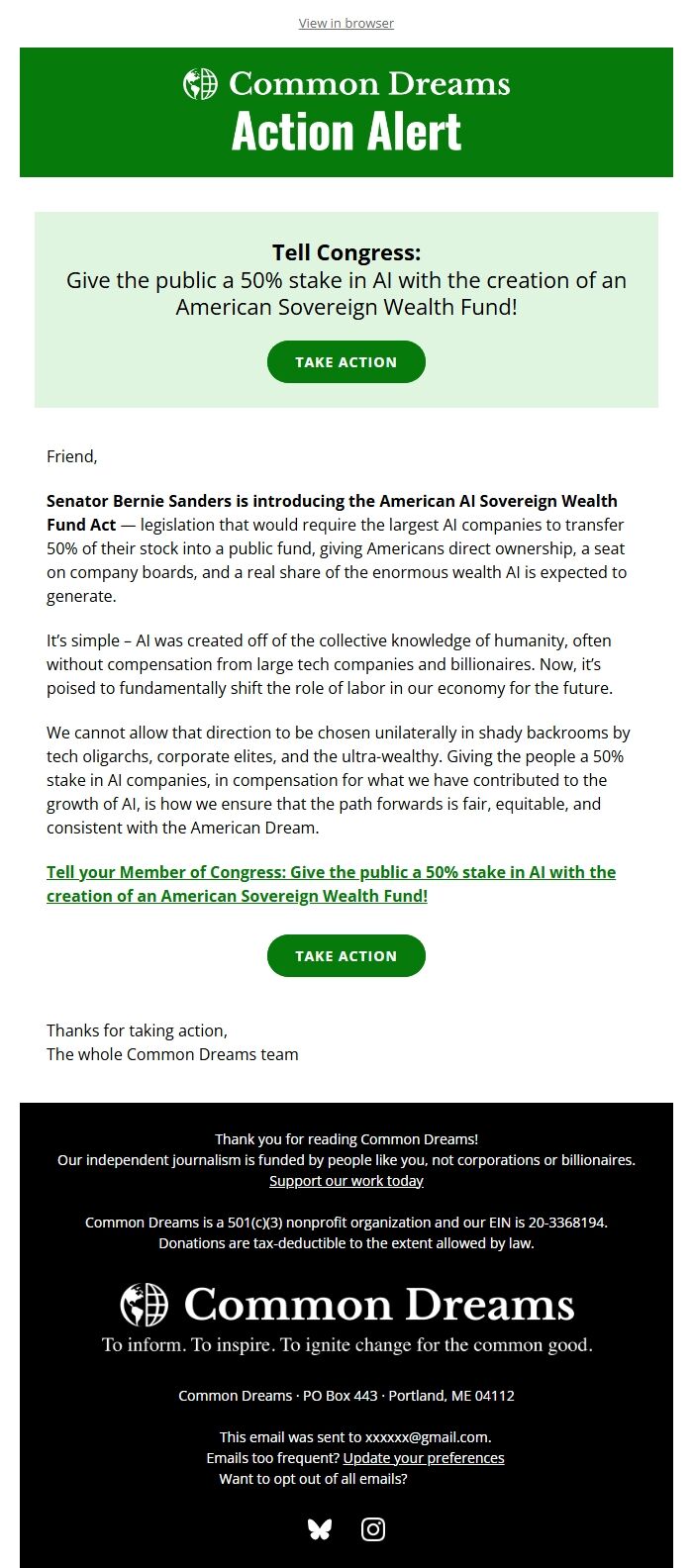 Screenshot of the email generated on import