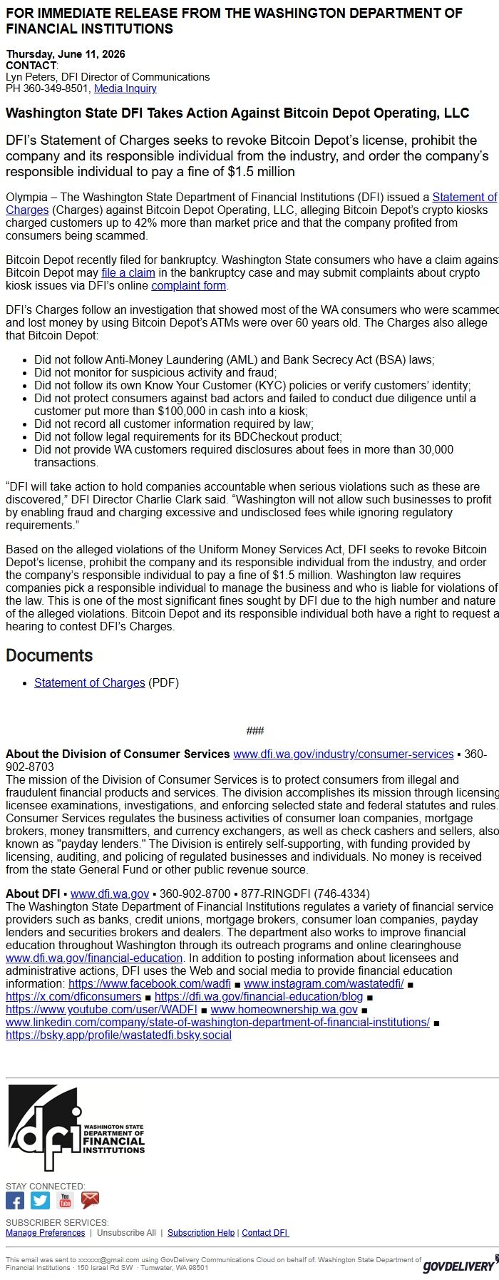 Screenshot of the email generated on import