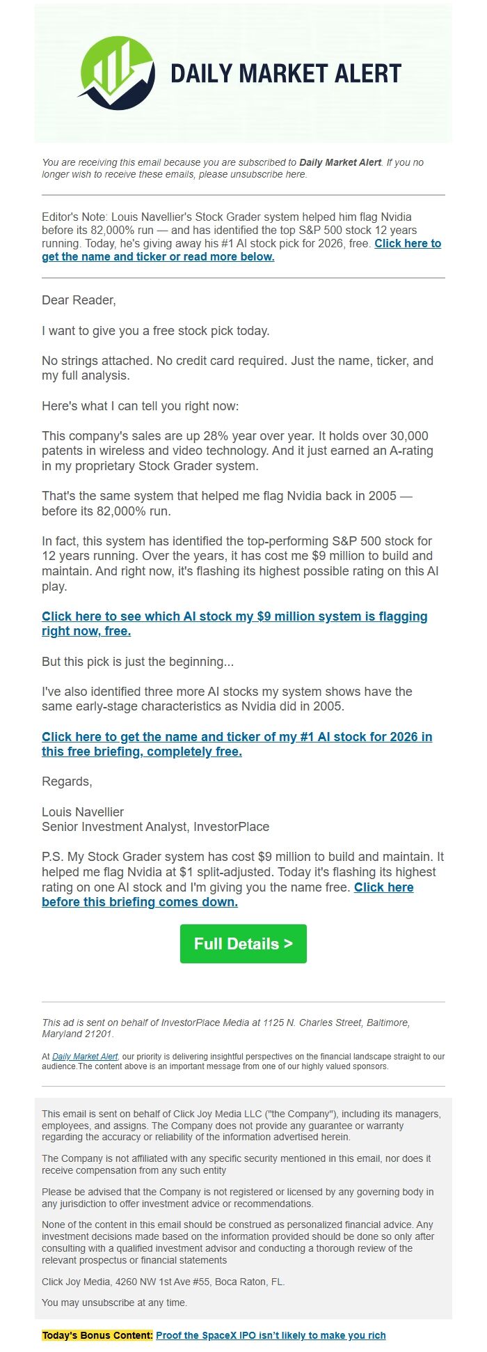 Screenshot of the email generated on import
