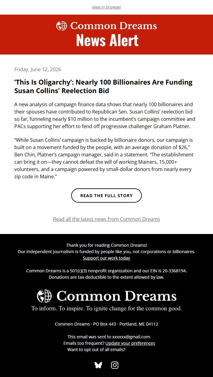 Screenshot of the email generated on import