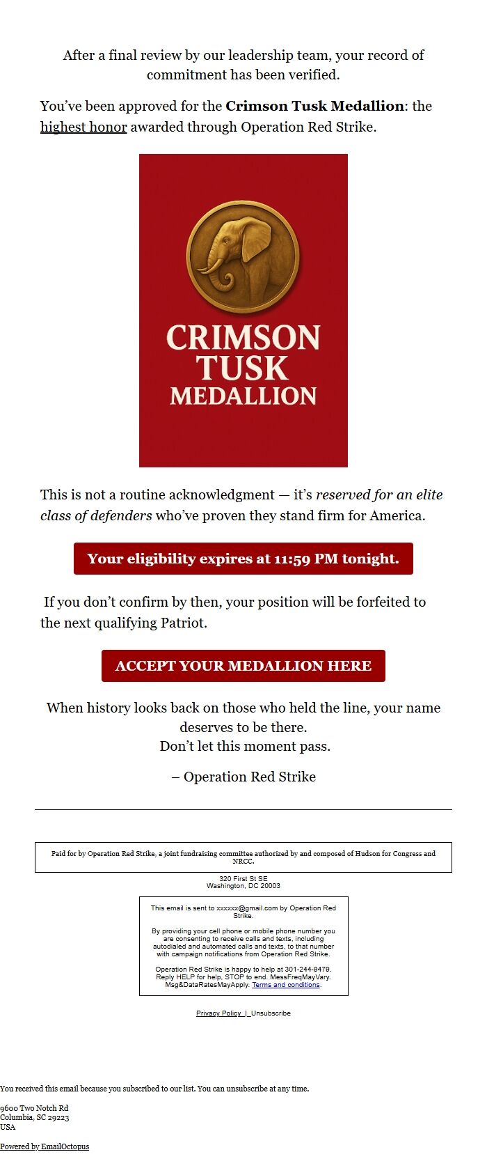 Screenshot of the email generated on import