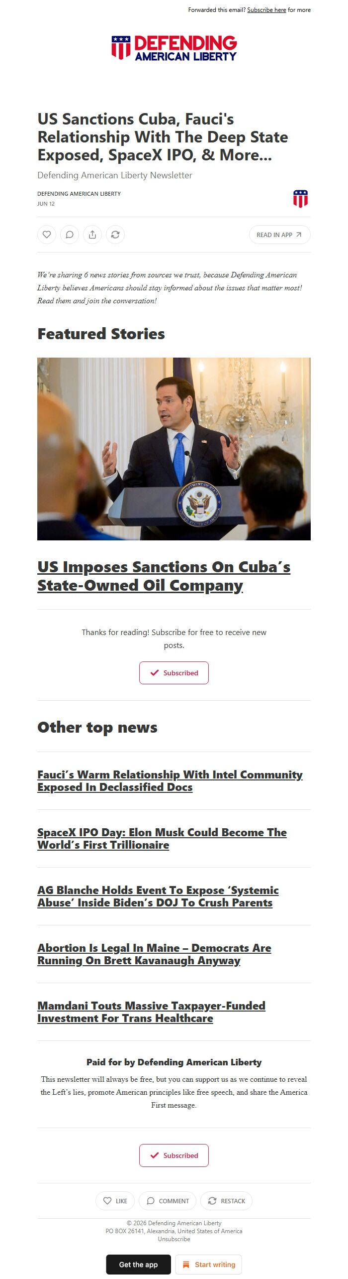 Screenshot of the email generated on import