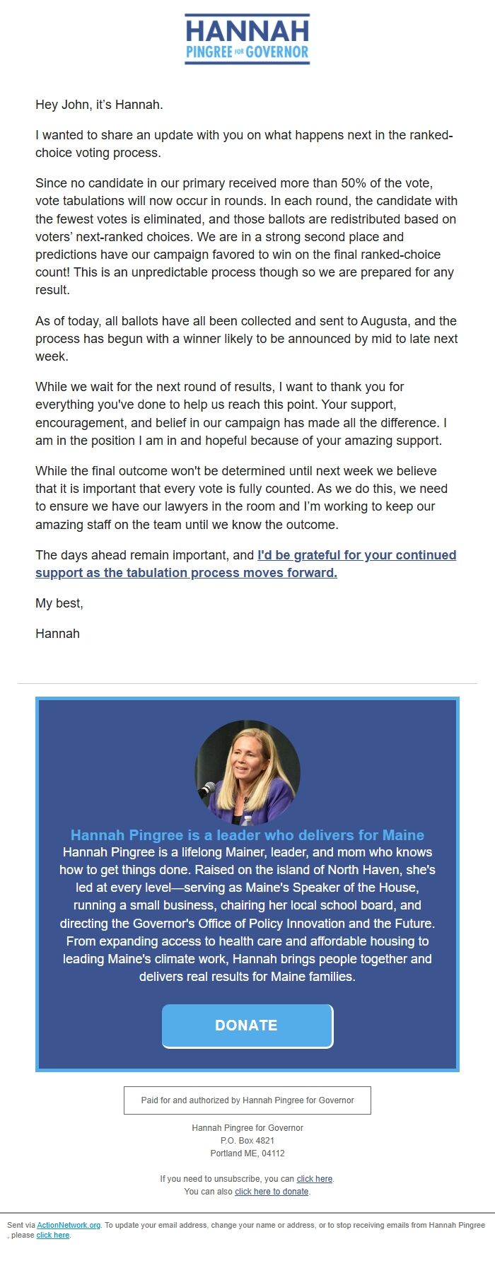 Screenshot of the email generated on import