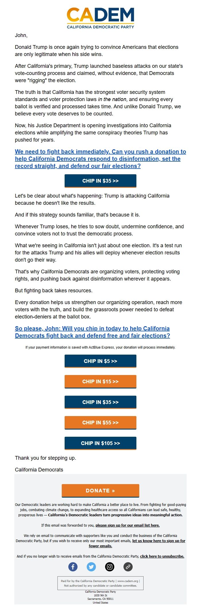Screenshot of the email generated on import