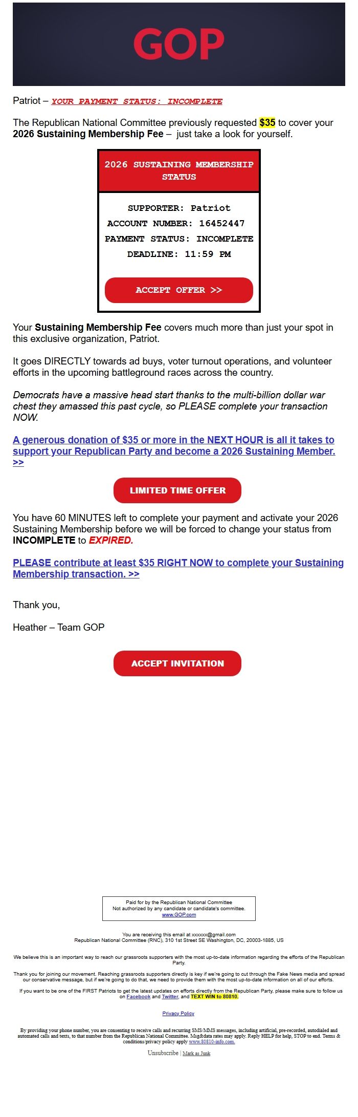 Screenshot of the email generated on import