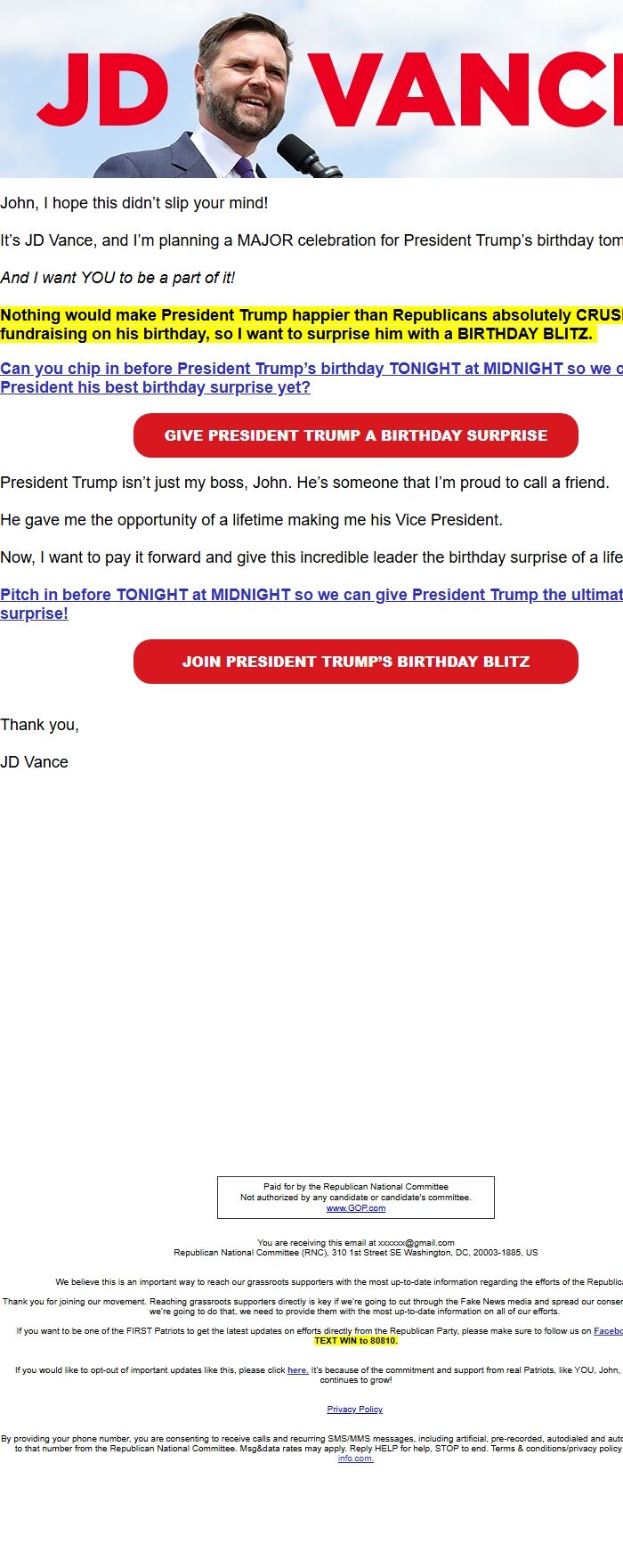 Screenshot of the email generated on import