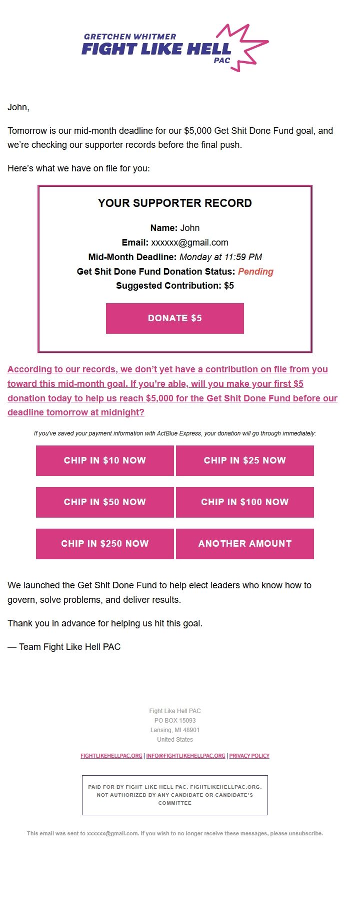 Screenshot of the email generated on import
