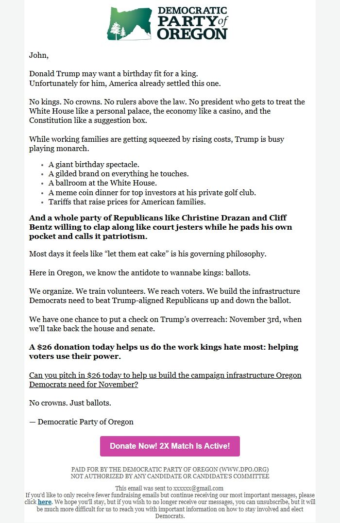 Screenshot of the email generated on import