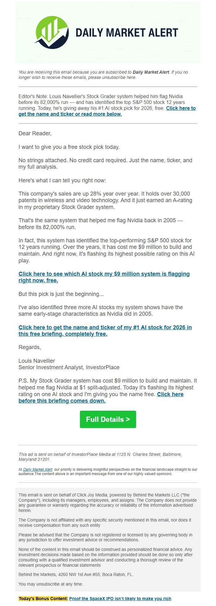 Screenshot of the email generated on import