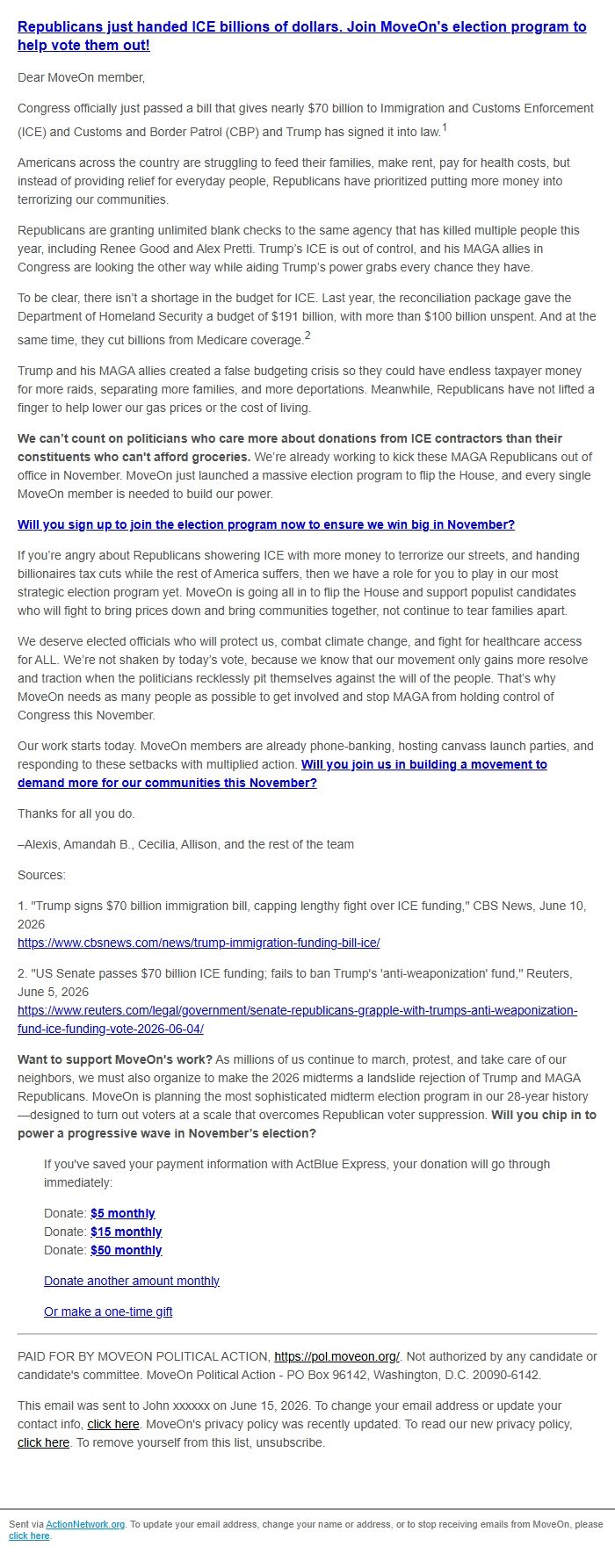 Screenshot of the email generated on import