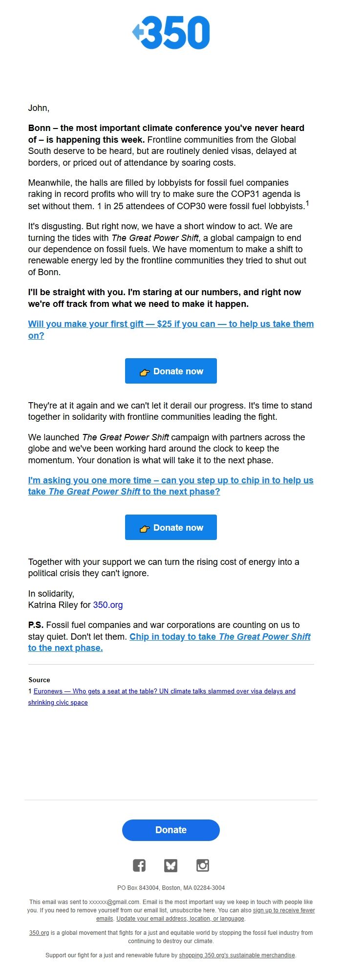 Screenshot of the email generated on import