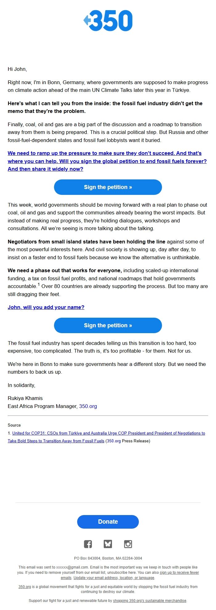 Screenshot of the email generated on import
