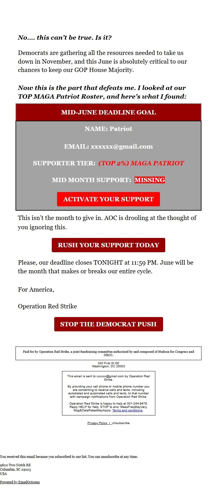 Screenshot of the email generated on import