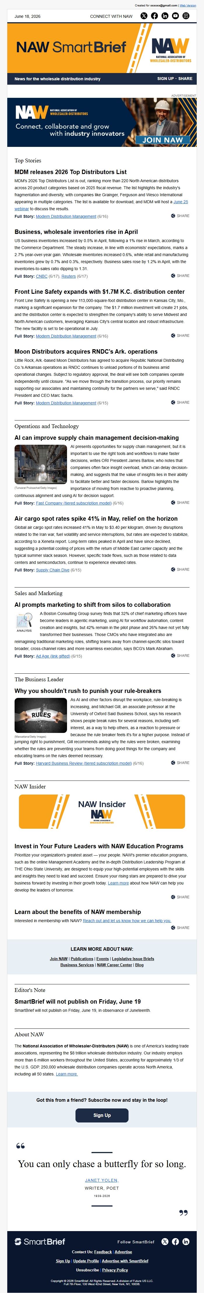 Screenshot of the email generated on import